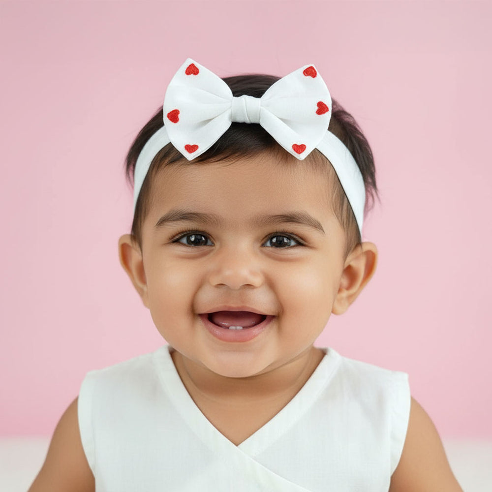White Embroidered Classic Bow Girls Headband - Little Hearts
