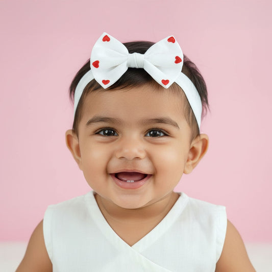 Keebee Organic Cotton White Embroidered Classic Bow Headband - Little Hearts