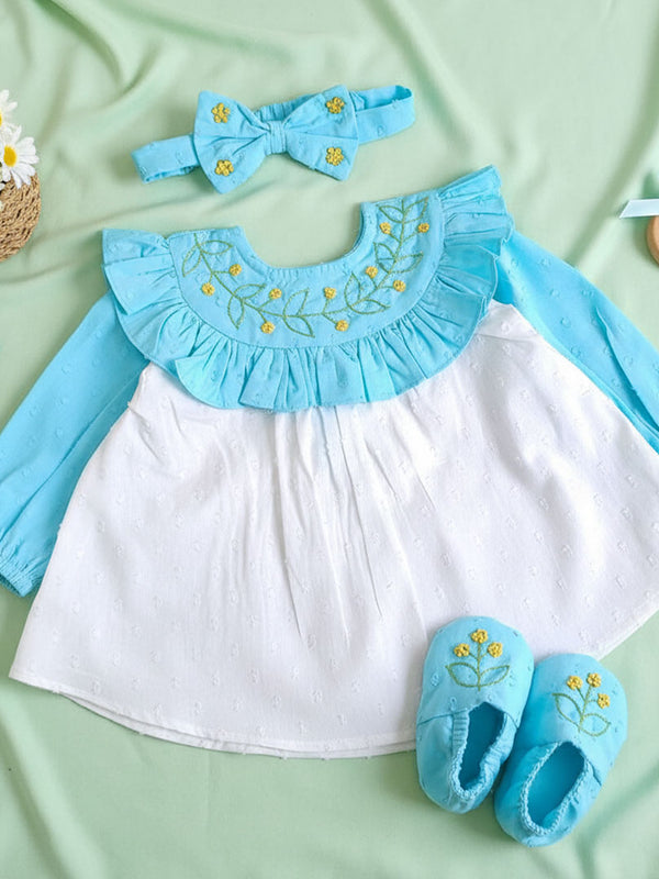 Embroidered Turquoise Blue and White Dress and Accessories Set - Garland of Flowers