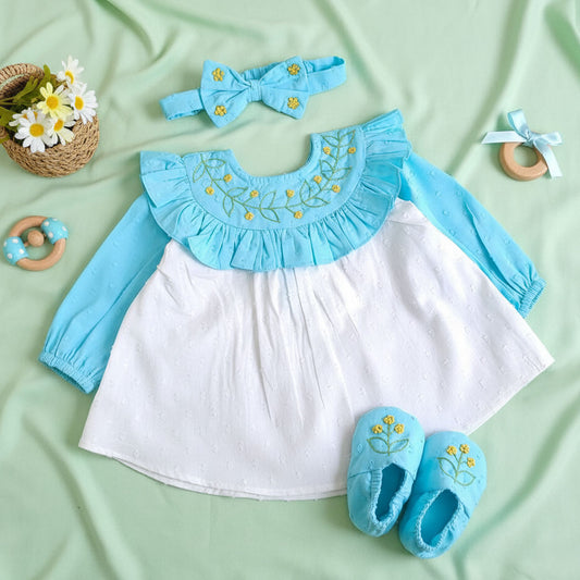 Keebee Organic Cotton Baby Girl Embroidered Turquoise Blue and White Dress and Accessories Set - Garland of Flowers