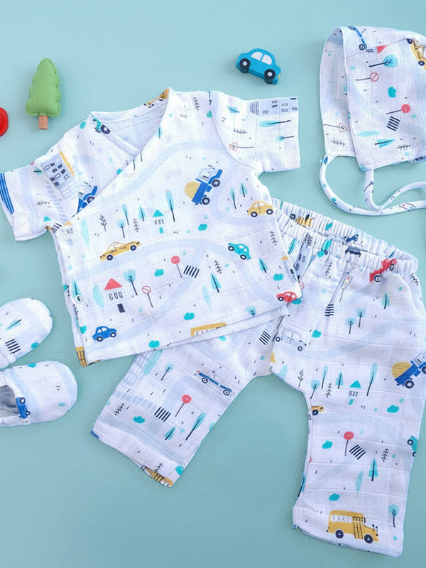 Muslin Printed White Jabla, Diaper Pants and Accessories Set - Tiny Town