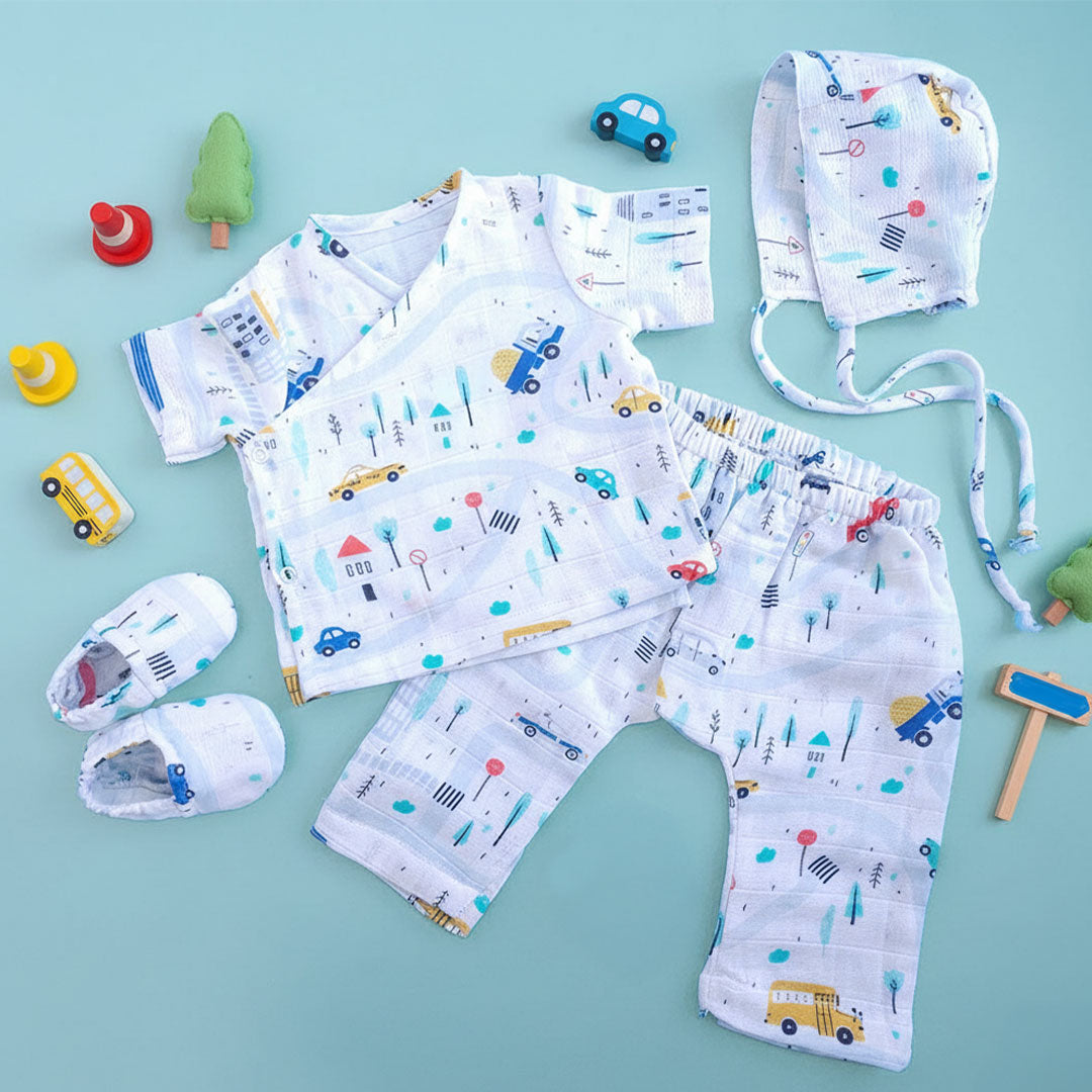 Muslin Printed White Jabla, Diaper Pants and Accessories Set - Tiny Town