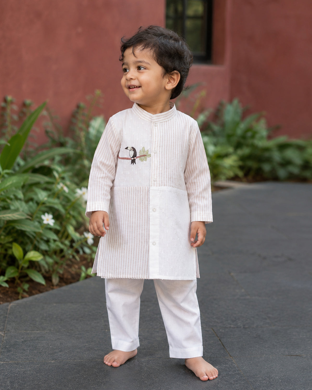 Boys Beige and White Embroidered Kurta and Pajama Pants Set - Toucan