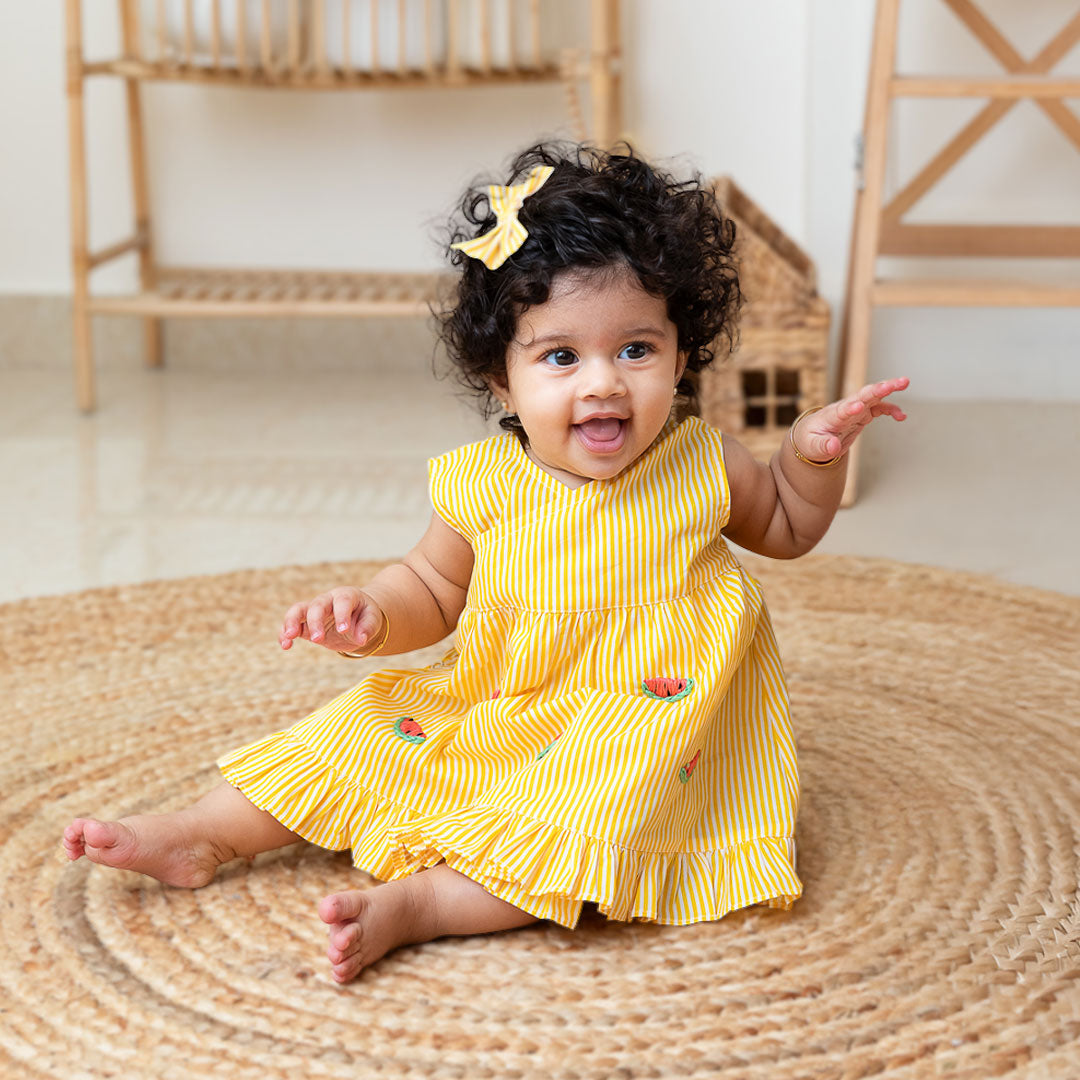 Keebee Organic Cotton Embroidered Yellow Striped Girls Dress - Watermelon