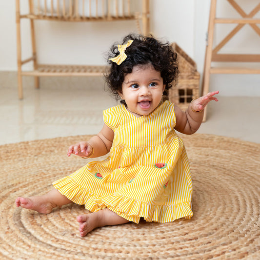 Keebee Organic Cotton Embroidered Yellow Striped Girls Dress - Watermelon