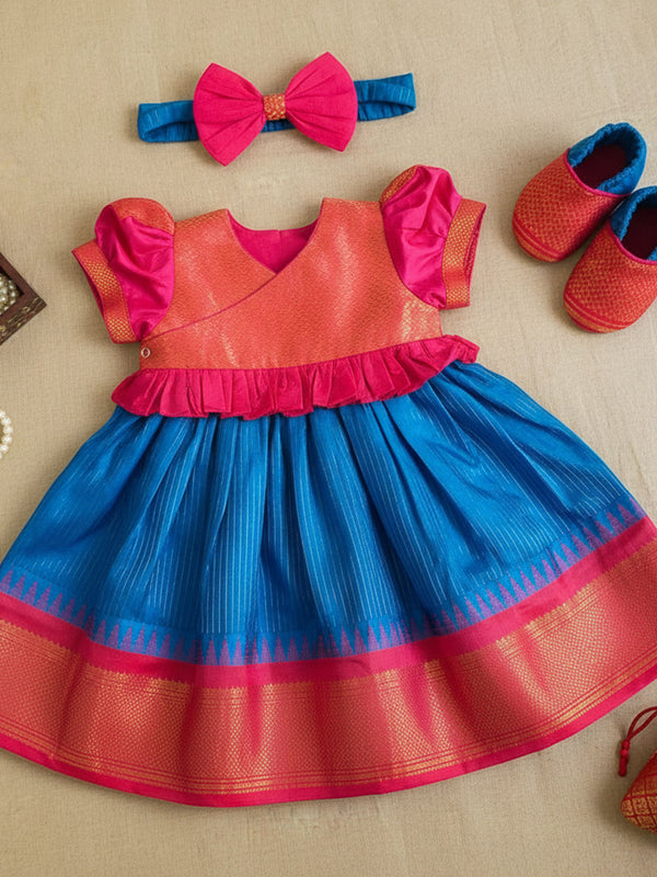 Baby Girl Handloom Raw Silk Ethnic Maxi Dress and Accessories Set - Pink and Blue
