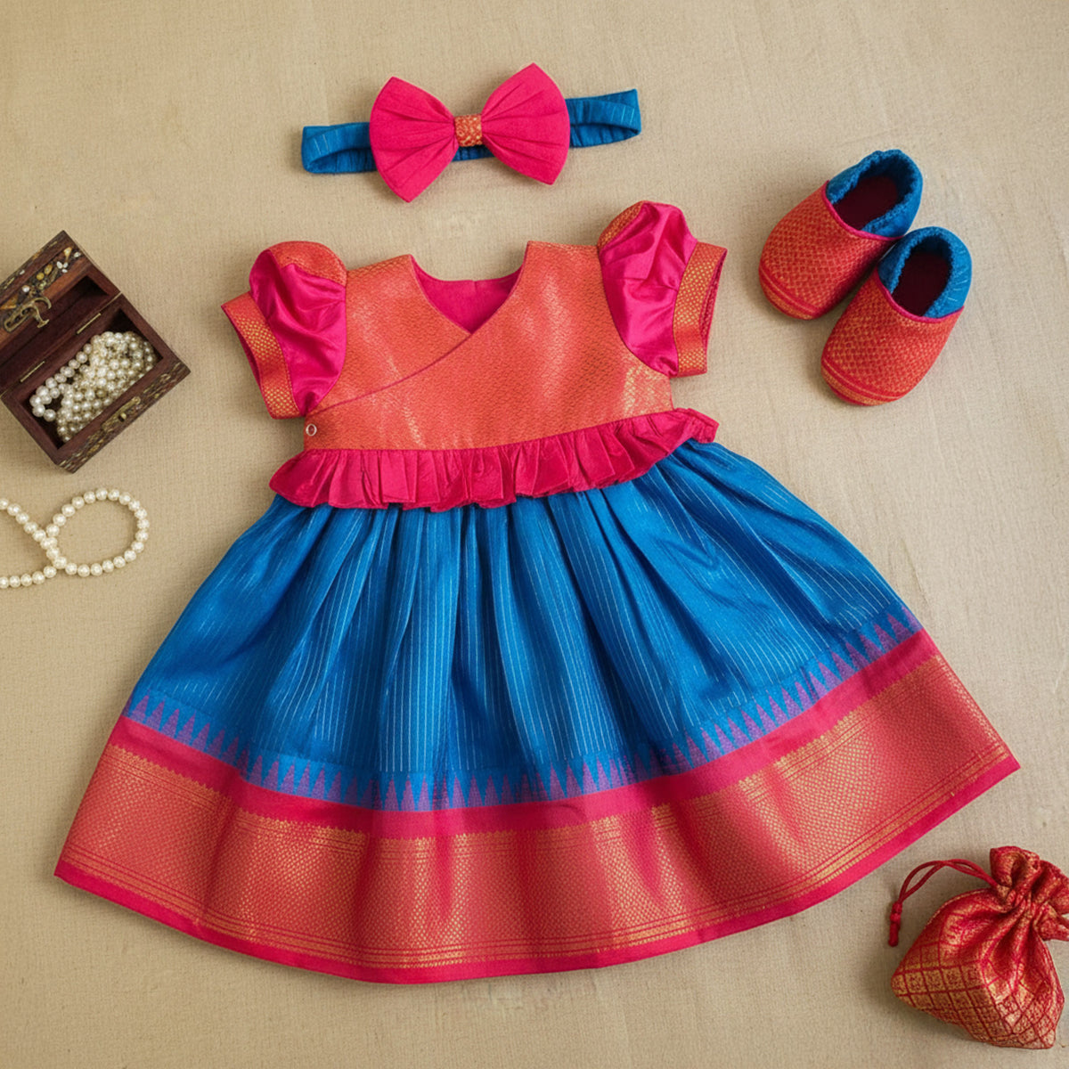 Baby Girl Handloom Raw Silk Ethnic Maxi Dress and Accessories Set - Pink and Blue