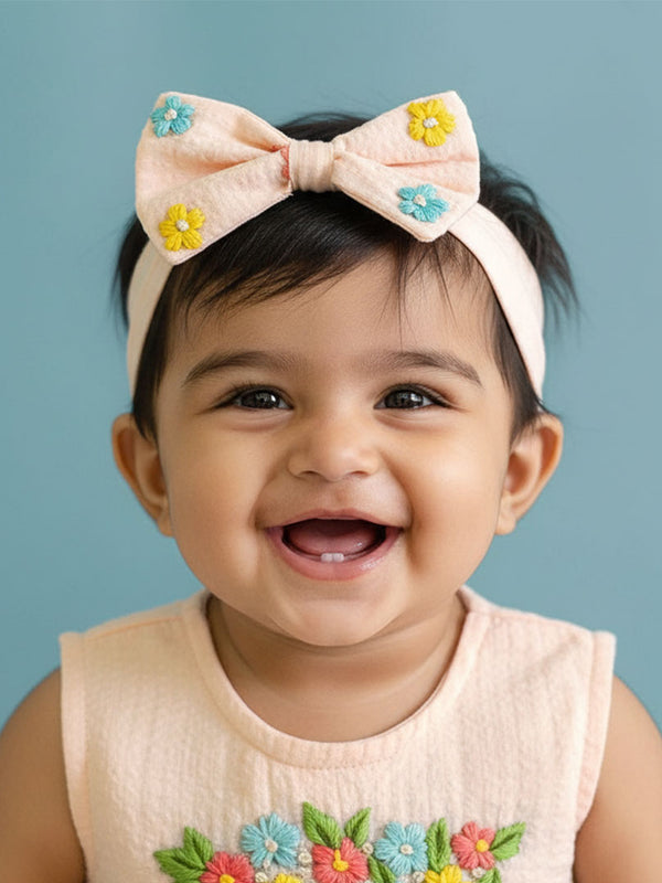 Peach Embroidered Classic Bow Girls Headband - Colorful Flowers
