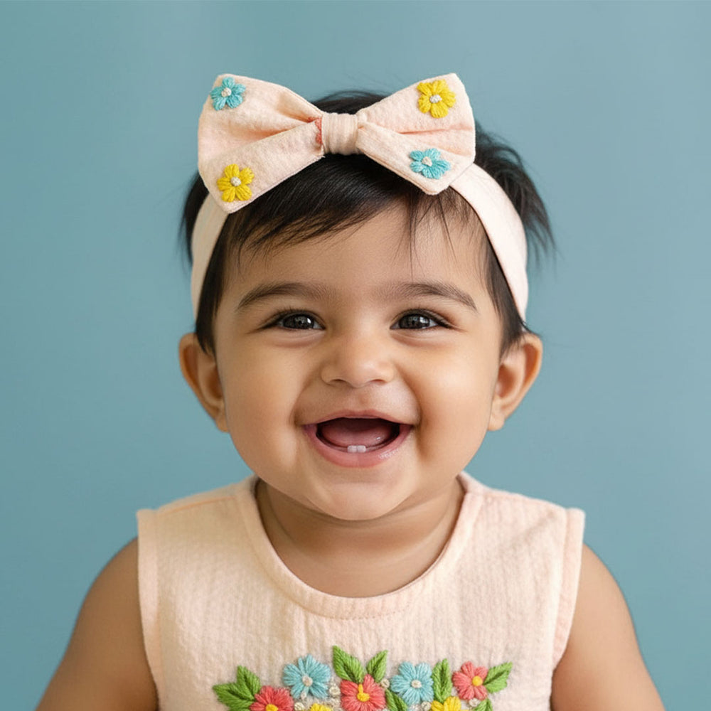 Peach Embroidered Classic Bow Girls Headband - Colorful Flowers