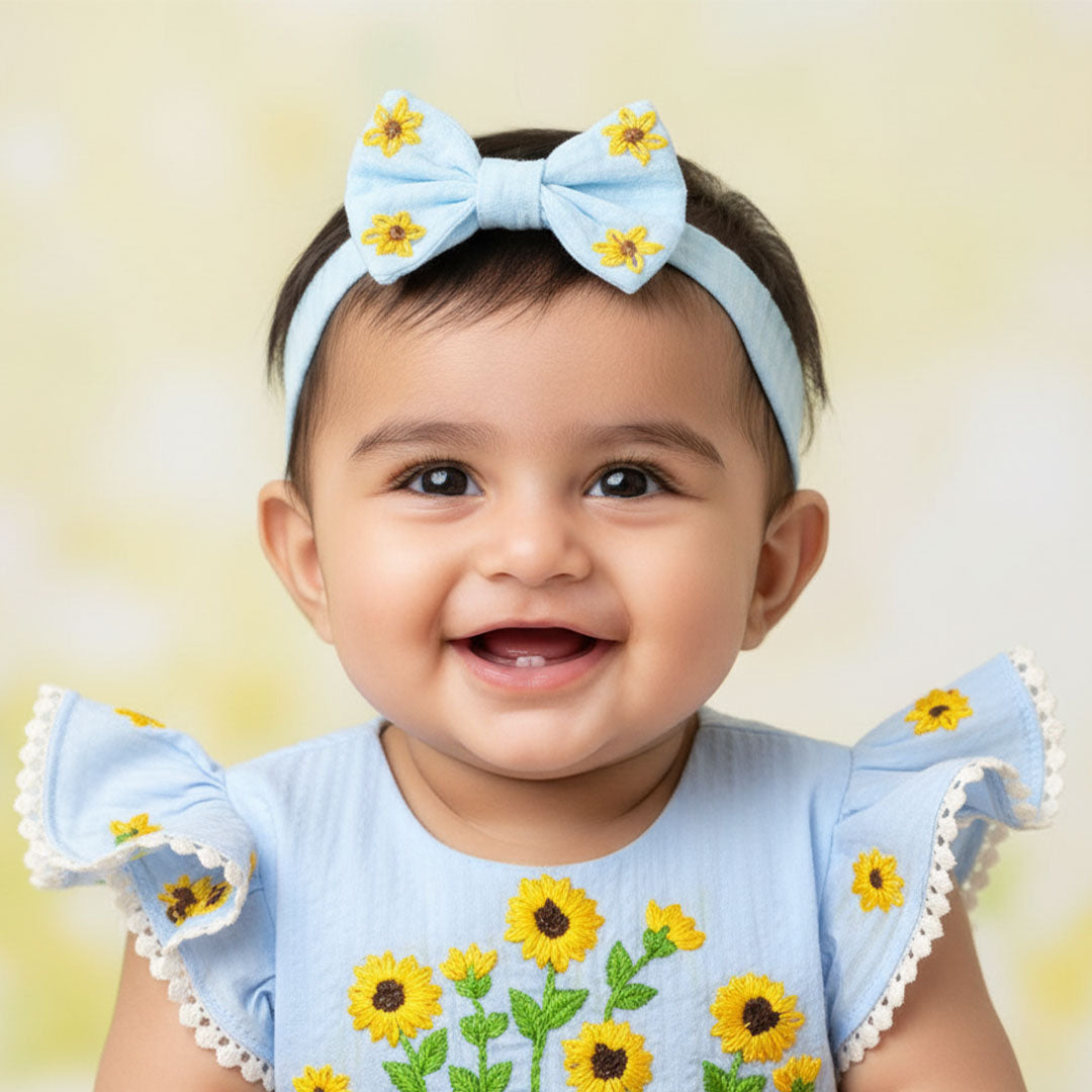 Keebee Organic Cotton Light Blue Embroidered Classic Bow Headband - Sunflowers