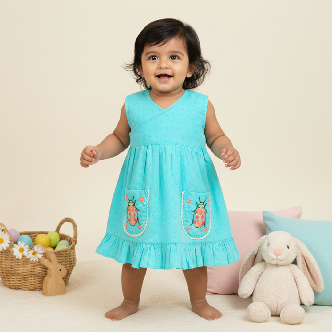 Keebee Organic Cotton Baby Girl Embroidered Turquoise Blue Wrap Dress and Accessories Set - Bug In My Pocket