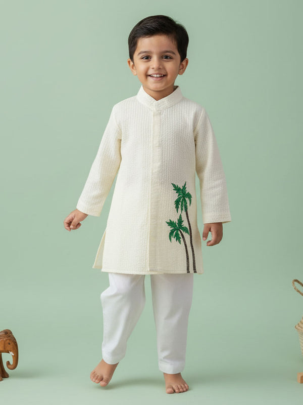 Boys Embroidered Yellow Kurta paired with Pajama Pants - Palm Trees