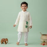 Boys Embroidered Yellow Kurta paired with Pajama Pants - Palm Trees
