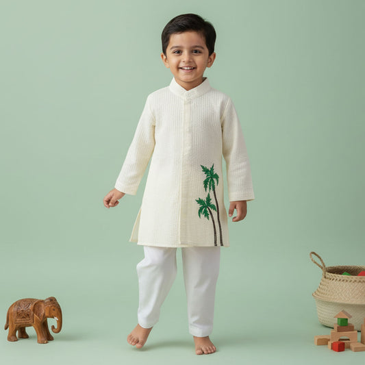 Keebee Organic Cotton Yellow Embroidered Kurta paired with Pajama Pants - Palm Trees