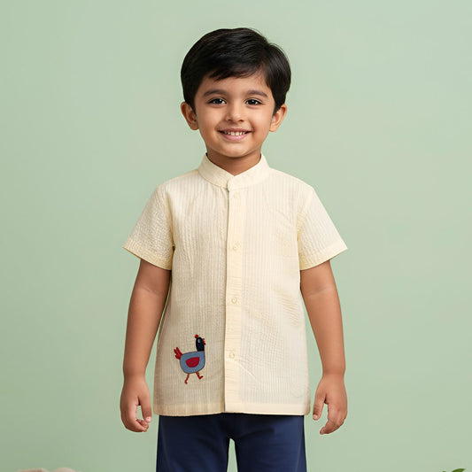 Keebee Organic Cotton Light Yellow Embroidered Shirt - Rooster
