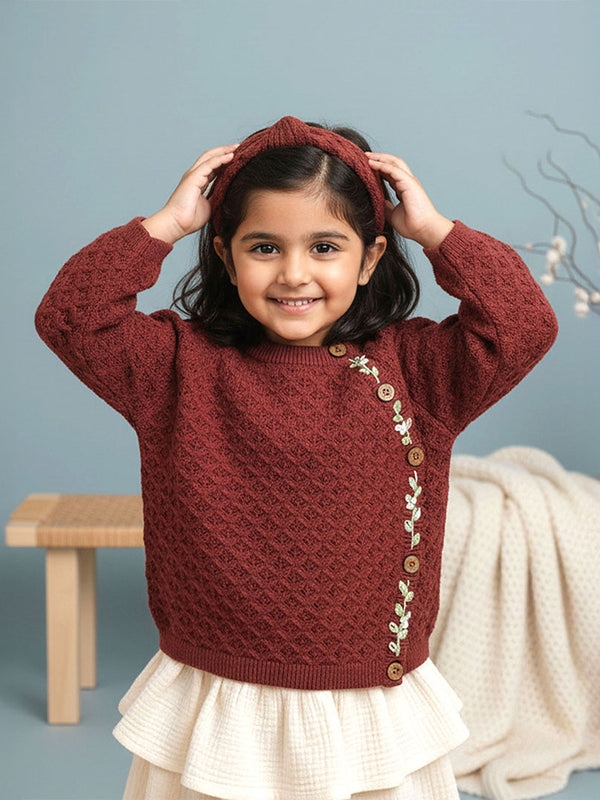 Coffee Brown Hand Embroidered Wrap Style Double Layer Sweater - Floral Hug