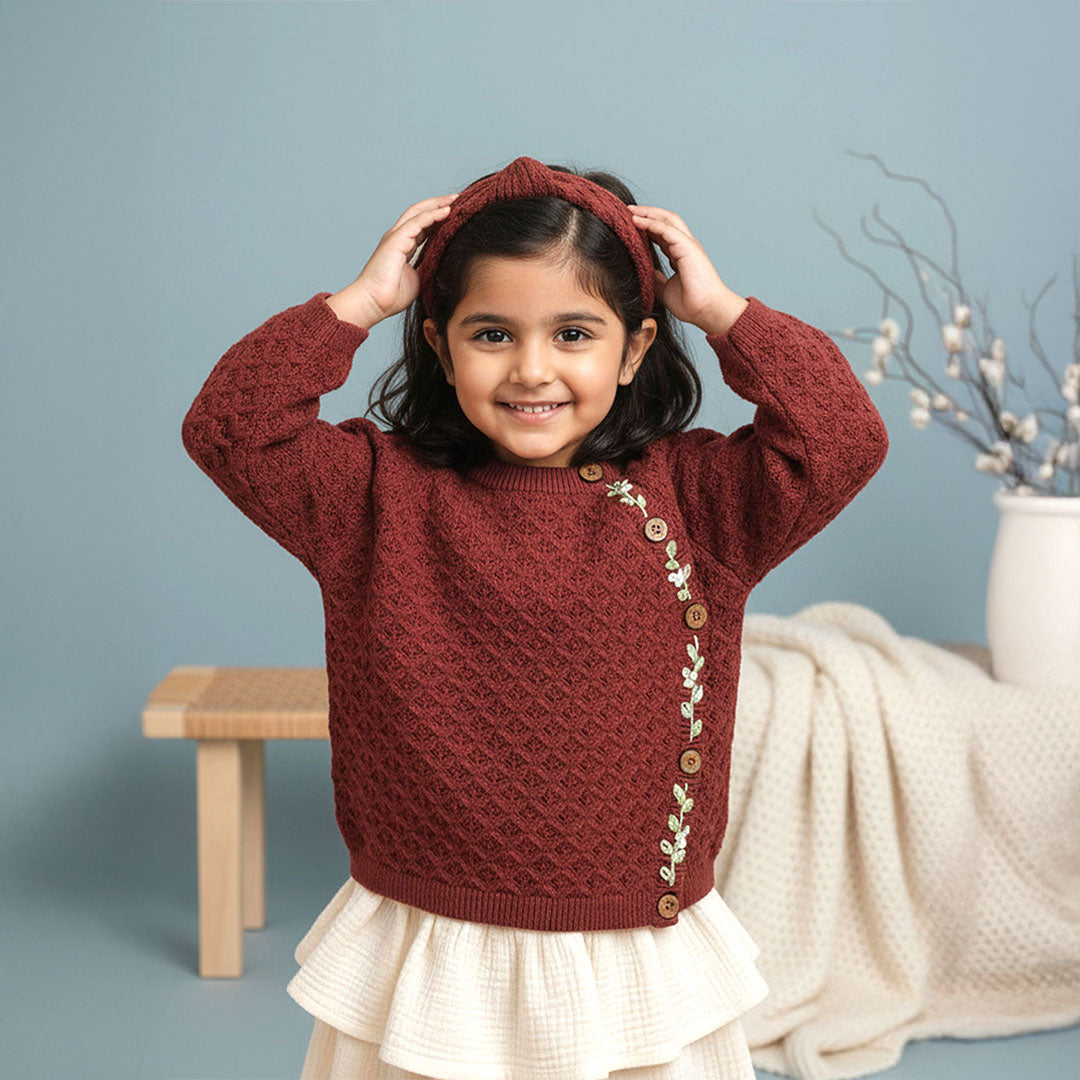 Coffee Brown Hand Embroidered Wrap Style Double Layer Sweater - Floral Hug