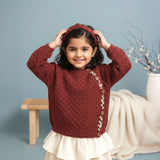 Coffee Brown Hand Embroidered Wrap Style Double Layer Sweater - Floral Hug