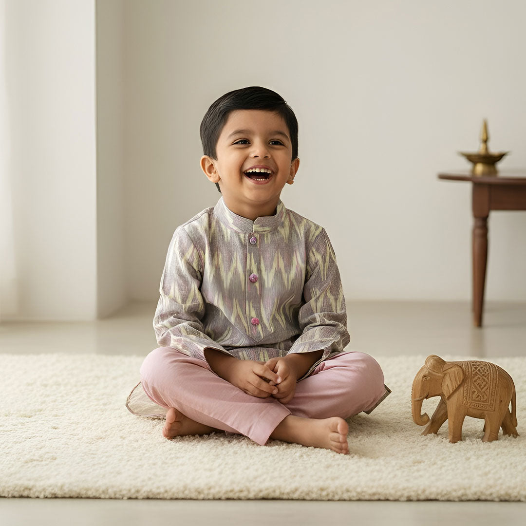 Keebee Pure Silk Pastel Ikat Kurta and Baby Pink Pajama Pants Set