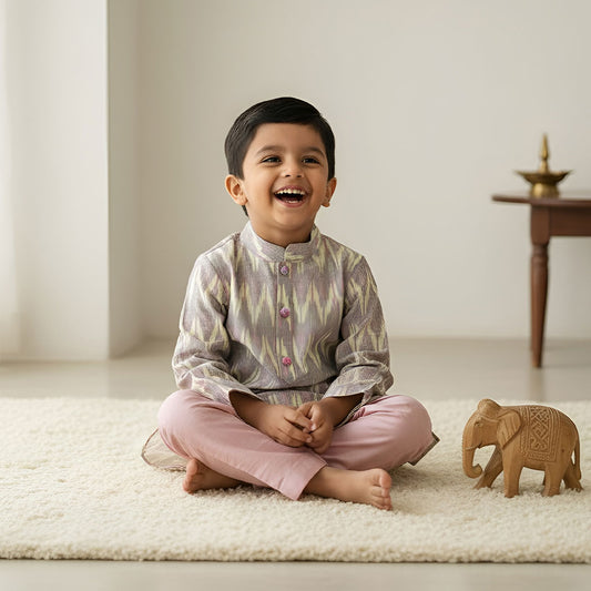 Keebee Pure Silk Pastel Ikat Kurta and Baby Pink Pajama Pants Set