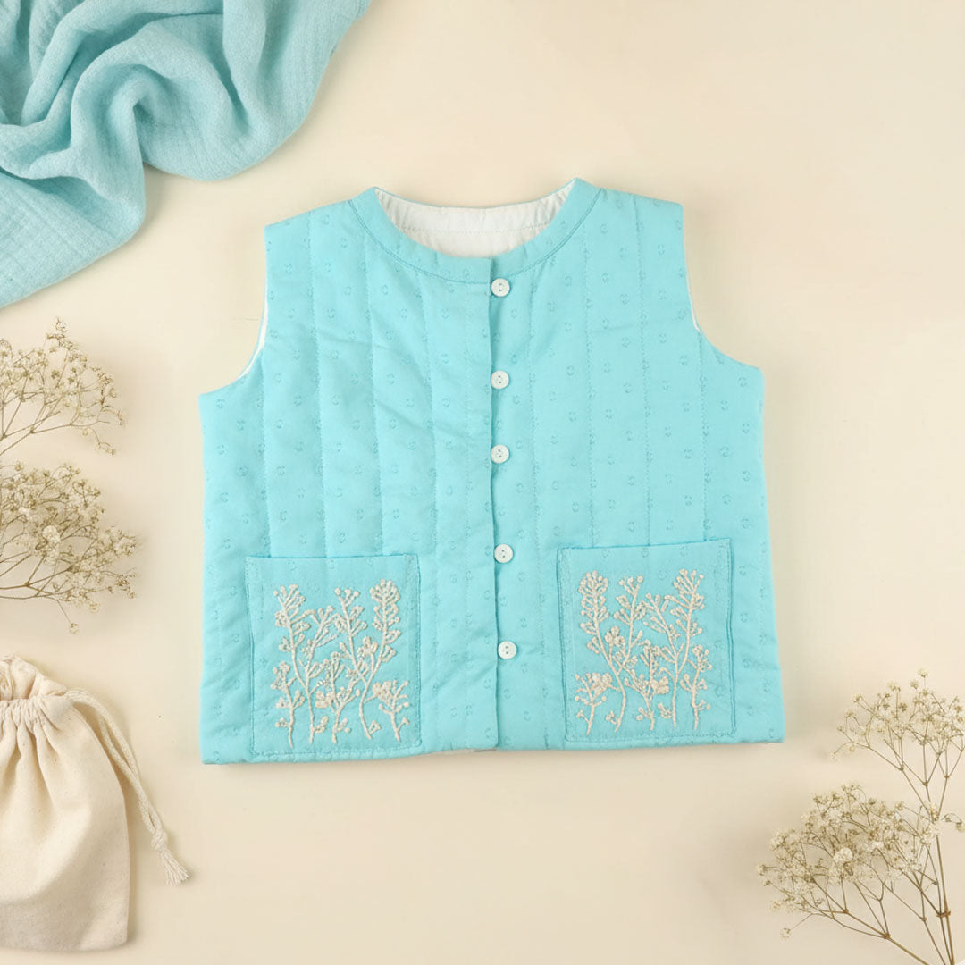 Keebee Organic Cotton Embroidered Turquoise Blue Quilted Vest with Pockets - Frosty Plants