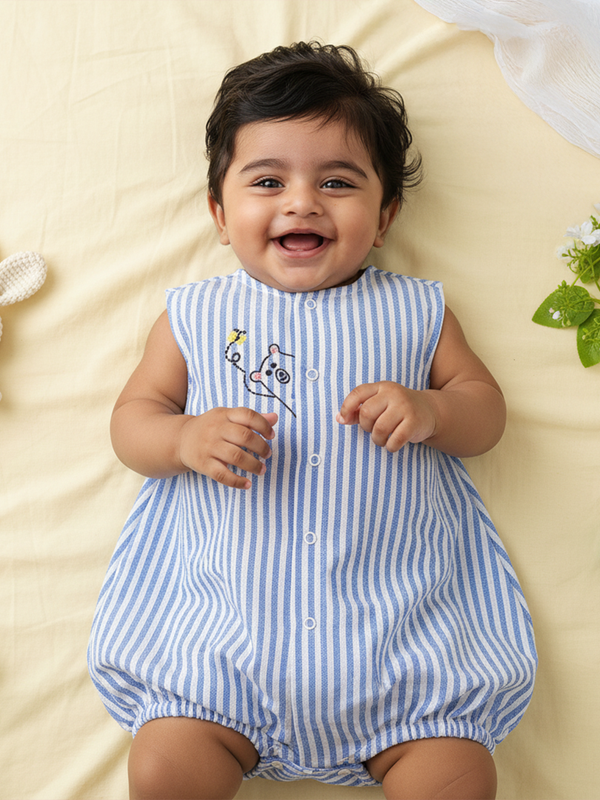 Baby Boy Embroidered Blue and White Romper - Peek-A-Bear