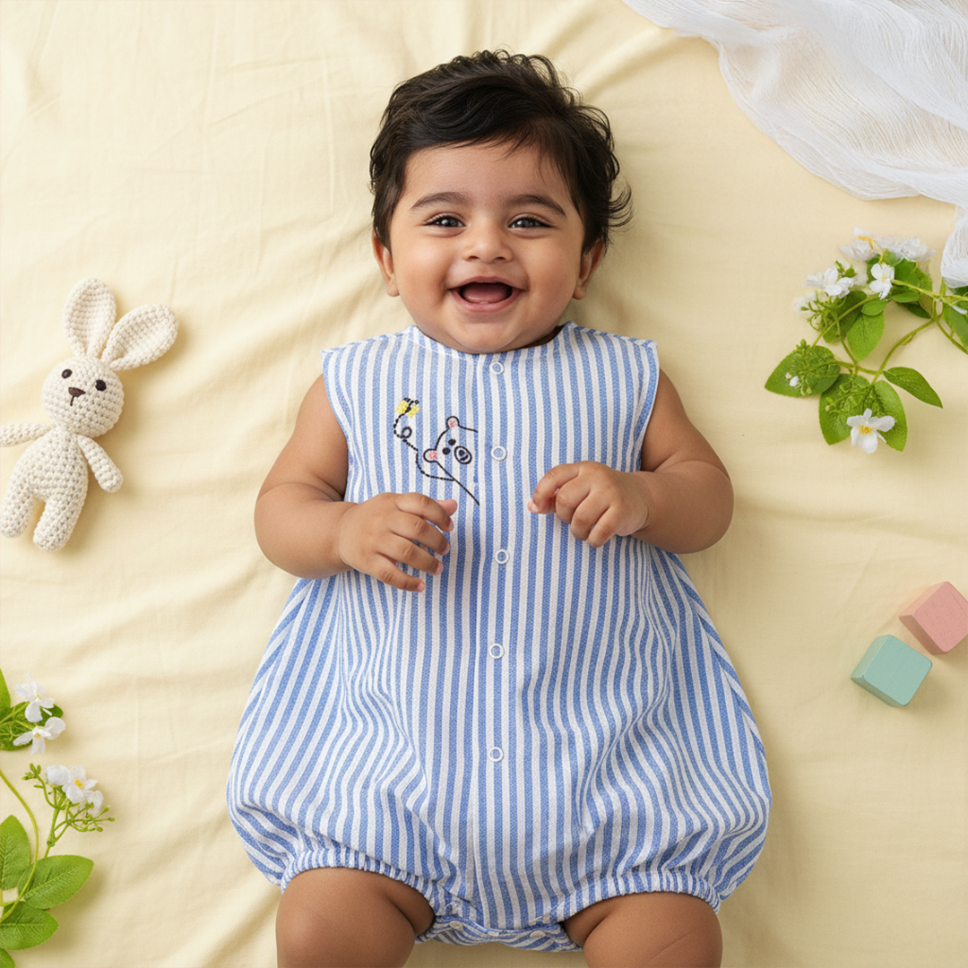 Baby Boy Embroidered Blue and White Romper - Peek-A-Bear