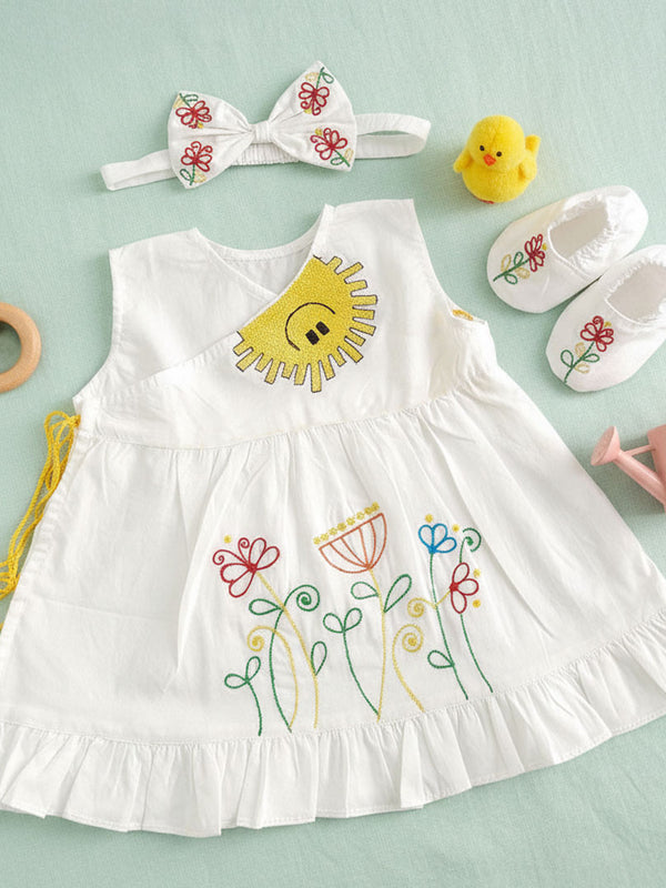 Embroidered White Dress and Accessories Set - Sunny Garden
