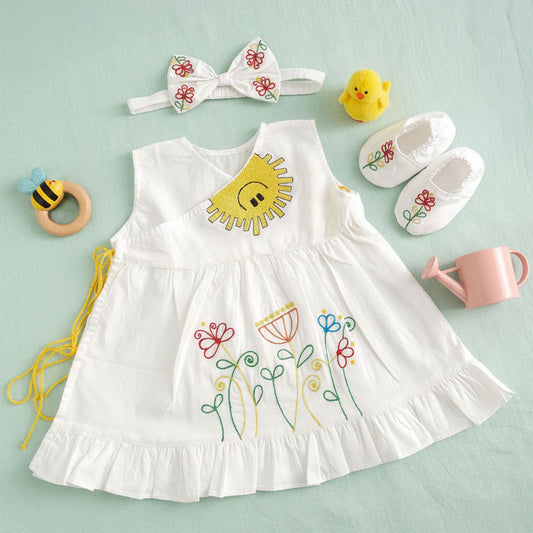 Keebee Organic Cotton Baby Girl Embroidered White Dress and Accessories Set - Sunny Garden