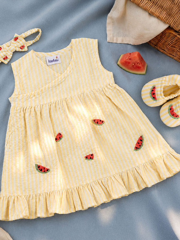 Baby Girl Embroidered Yellow and White Wrap Dress and Accessories Set - Sweet Watermelons