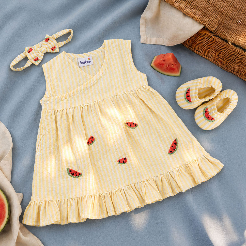 Baby Girl Embroidered Yellow and White Wrap Dress and Accessories Set - Sweet Watermelons