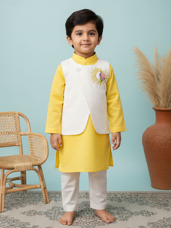 Boys Sun Embroidered Jacket Kurta and White Pajama Pants Set - Yellow