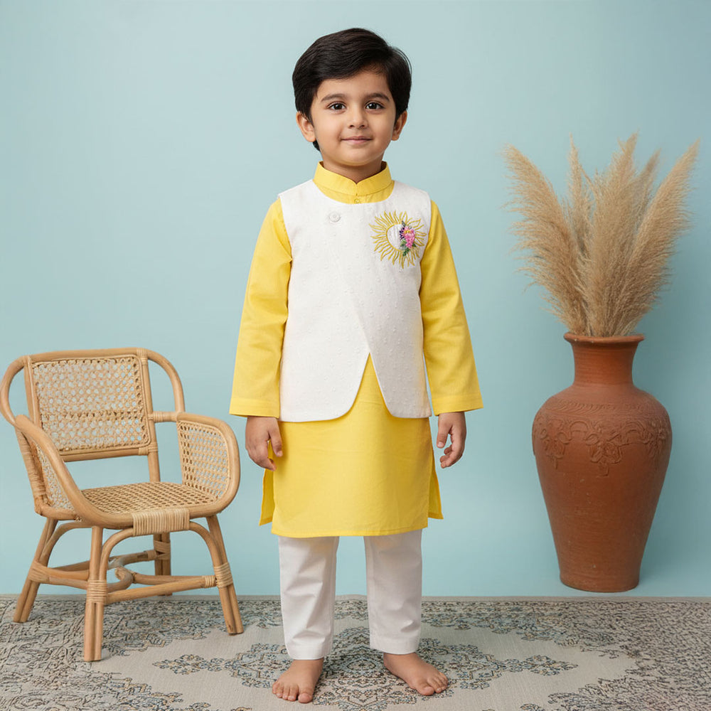 Boys Sun Embroidered Jacket Kurta and White Pajama Pants Set - Yellow