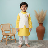 Boys Sun Embroidered Jacket Kurta and White Pajama Pants Set - Yellow