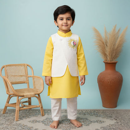 Sun Embroidered Jacket Kurta and White Pajama Pants Set - Yellow