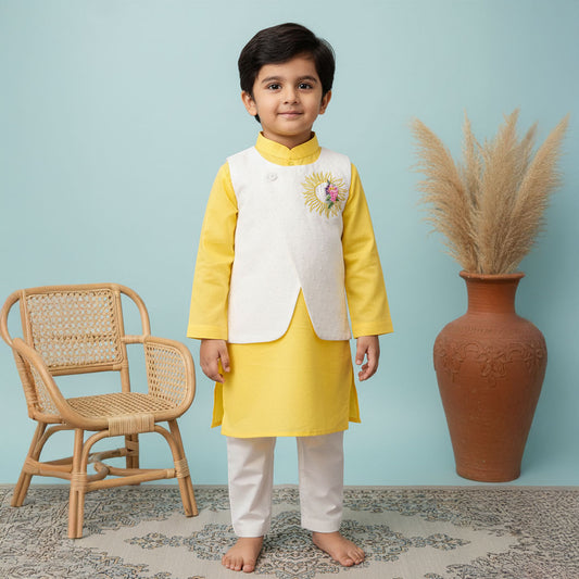 Keebee Organic Cotton Sun Embroidered Jacket Kurta and White Pajama Pants Set - Yellow
