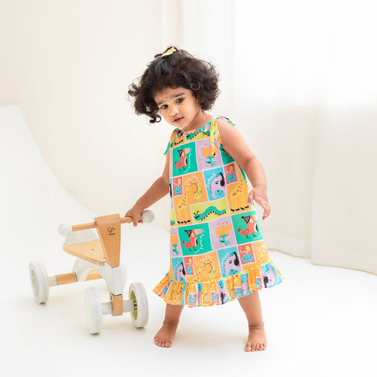 Keebee Organic Cotton Printed Baby Girl Shoulder Knot Jabla Dress - Zoo Crew