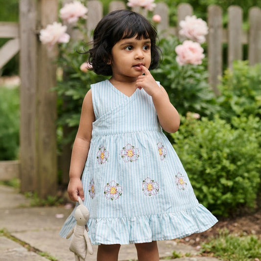 Baby Girl Embroidered Light Blue and White Wrap Dress - Flower Bloom