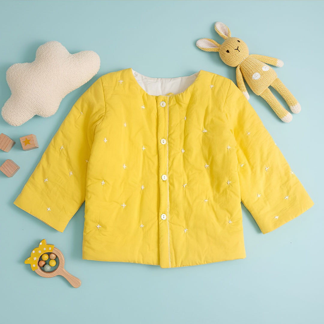 Keebee Organic Cotton Embroidered Yellow Button Up Quilted Jacket - Starry Bright