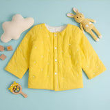 Embroidered Yellow Button Up Quilted Jacket - Starry Bright