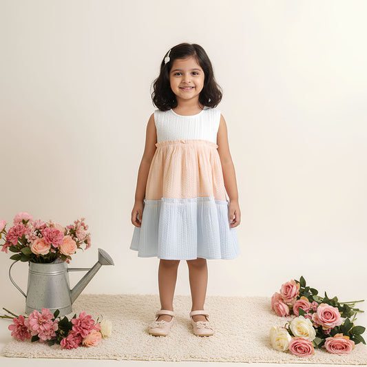 Keebee Organic Cotton Solid Textured Multicolor Baby Girl Tiered Dress