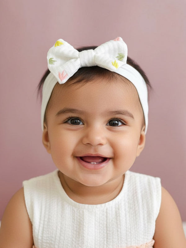 White Embroidered Classic Bow Girls Headband - Colorful Leaves