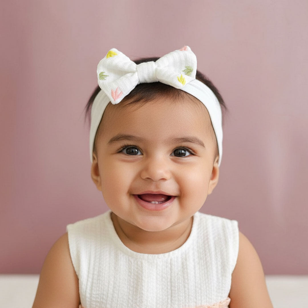 Keebee Organic Cotton White Embroidered Classic Bow Headband - Colorful Leaves