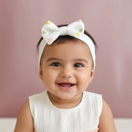 Keebee Organic Cotton White Embroidered Classic Bow Headband - Colorful Leaves
