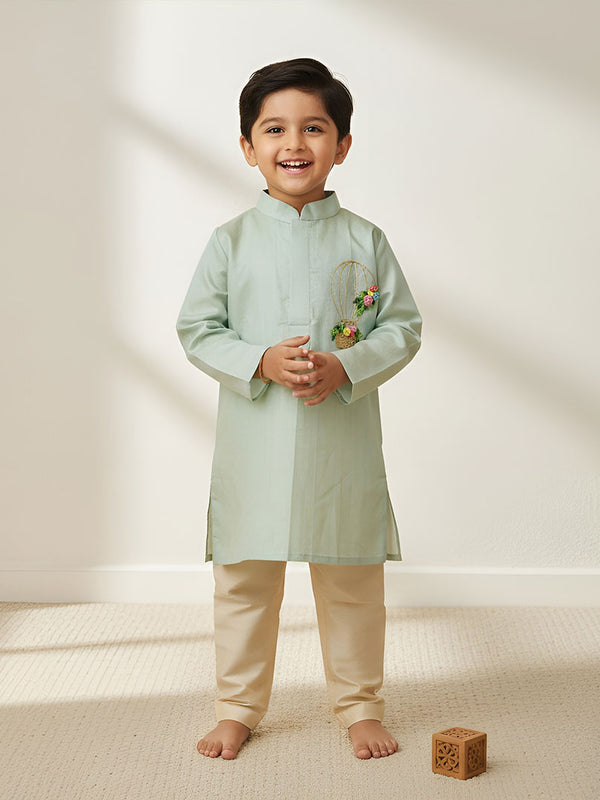Boys Handloom Raw Silk Embroidered Pastel Green Kurta and Pajama Pants Set - Hot Air Balloon