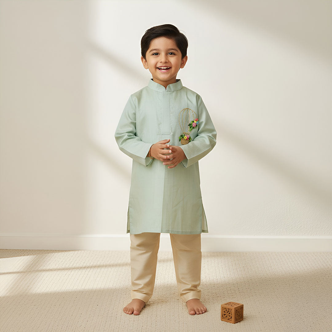 Boys Handloom Raw Silk Embroidered Pastel Green Kurta and Pajama Pants Set - Hot Air Balloon