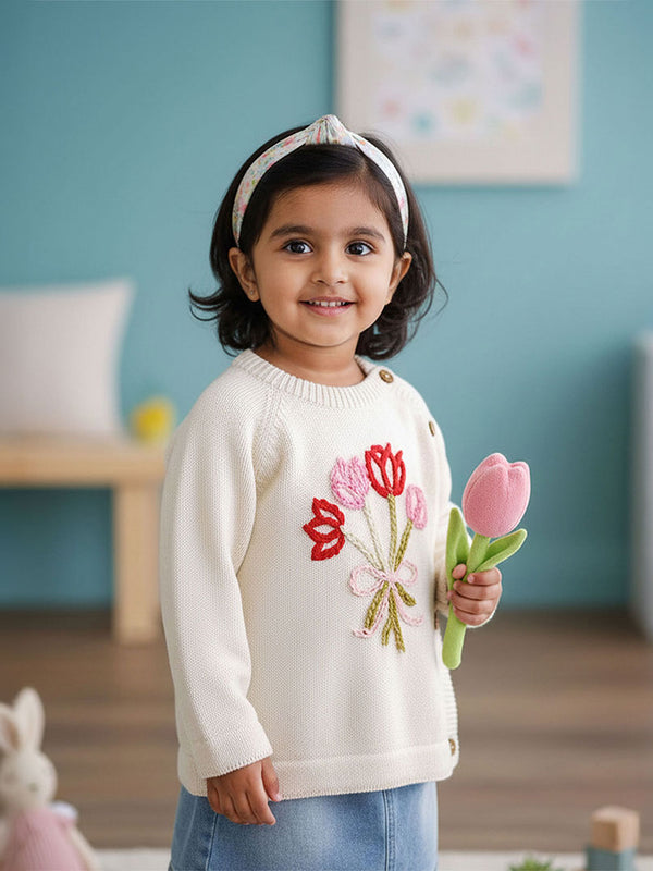 Hand Embroidered White Sweater - Tulip Bouquet