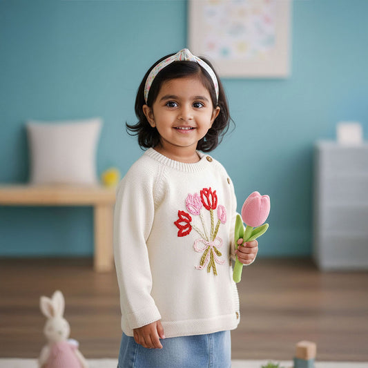 Keebee Organic Cotton Embroidered White Sweater - Tulip Bouquet