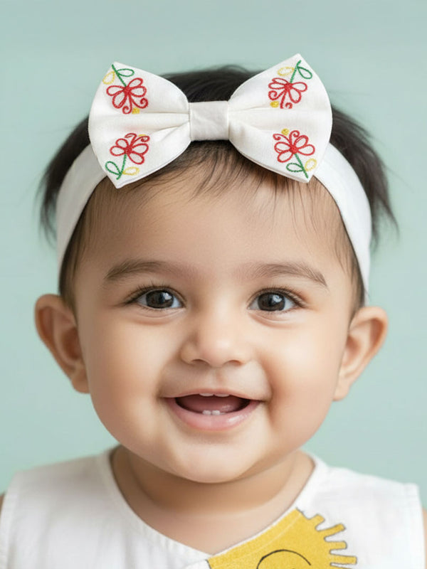 Girls Embroidered White Classic Bow Headband - Sunny Garden