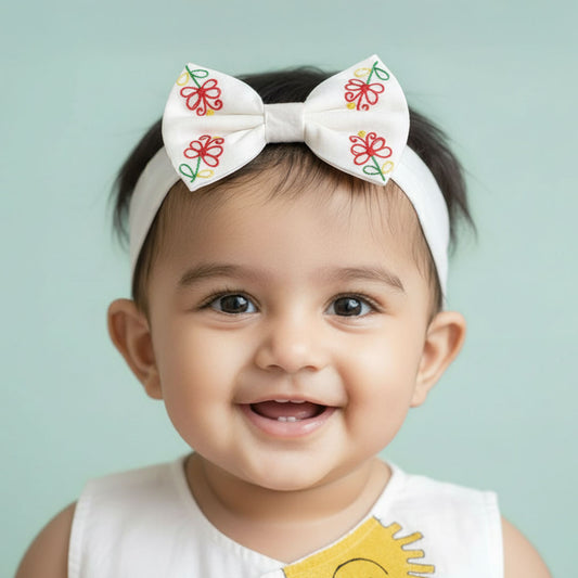 Keebee Organic Cotton White Embroidered Classic Bow Headband - Sunny Garden